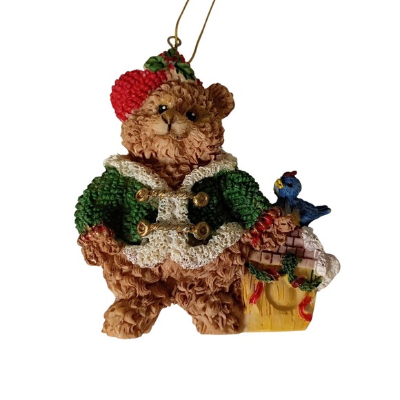 Vintage Resin Teddy Bear In a‎ Sweater & Blue Bird Christmas Holiday Ornament 3" - Picture 2 of 7